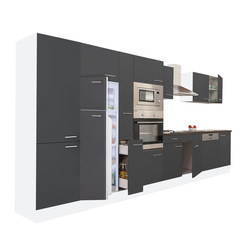 Yorki 430 konyhabútor fehér korpusz,selyemfényű antracit fronttal felülfagyasztós hűtős szekrénnyel