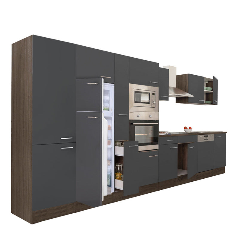 Yorki 430 konyhabútor yorki tölgy korpusz,selyemfényű antracit fronttal felülfagyasztós hűtős szekrénnyel