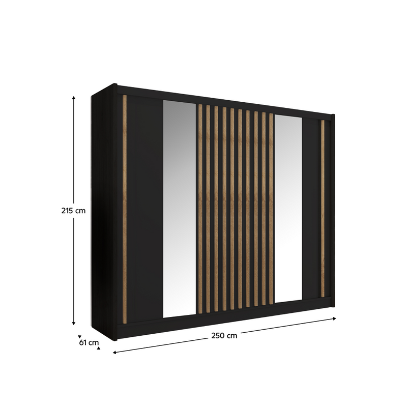 Tolóajtós szekrény, fekete/craft tölgy, 250x215 cm, LADDER