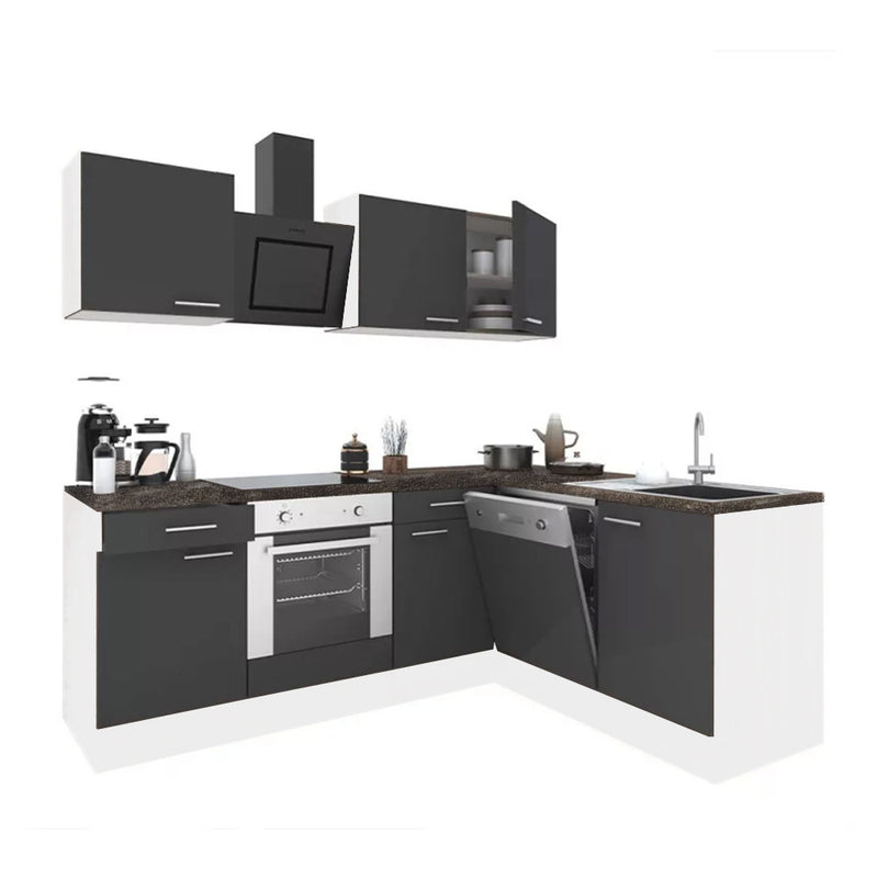 Yorki 220 sarok konyhabútor fehér korpusz,selyemfényű antracit fronttal alsó sütős elemmel