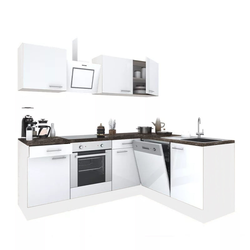 Yorki 220 sarok konyhabútor fehér korpusz,selyemfényű fehér fronttal alsó sütős elemmel