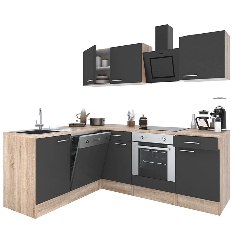 Yorki 220 sarok konyhabútor sonoma tölgy korpusz,selyemfényű antracit fronttal alsó sütős elemmel