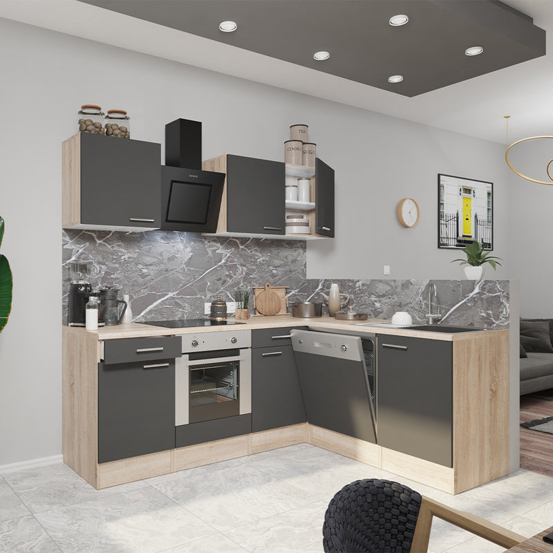 Yorki 220 sarok konyhabútor sonoma tölgy korpusz,selyemfényű antracit fronttal alsó sütős elemmel