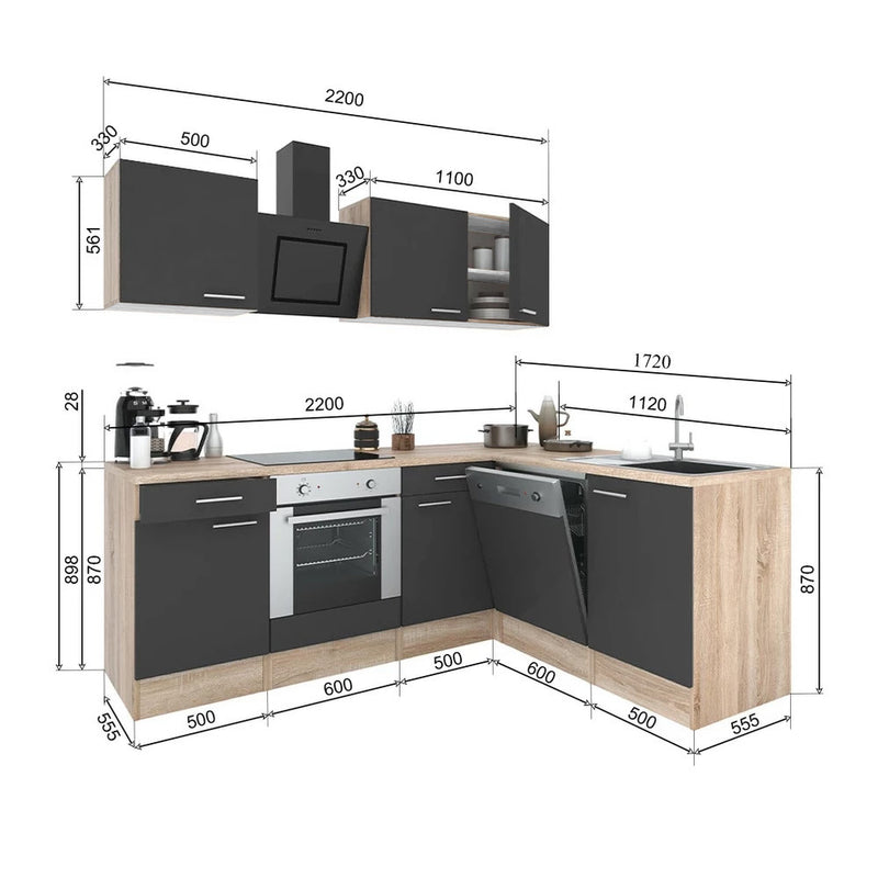 Yorki 220 sarok konyhabútor sonoma tölgy korpusz,selyemfényű antracit fronttal alsó sütős elemmel