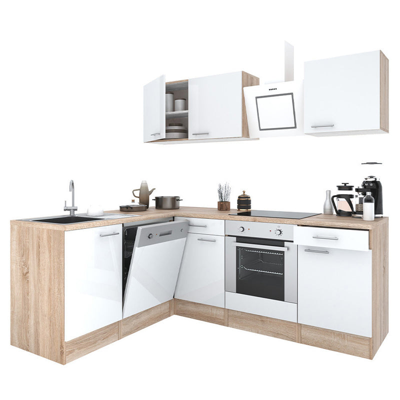 Yorki 220 sarok konyhabútor sonoma tölgy korpusz,selyemfényű fehér fronttal alsó sütős elemmel