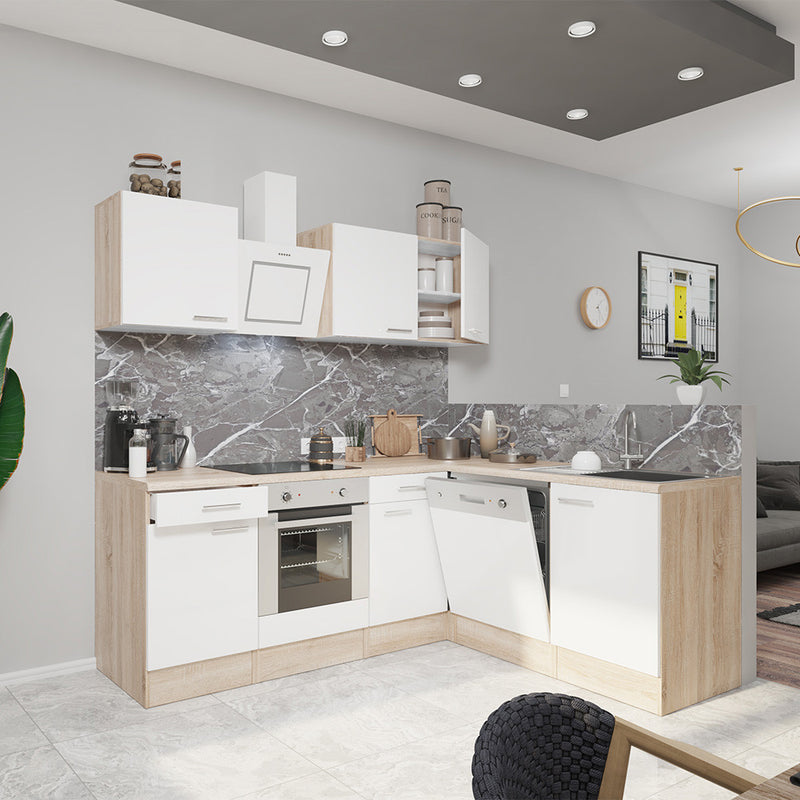 Yorki 220 sarok konyhabútor sonoma tölgy korpusz,selyemfényű fehér fronttal alsó sütős elemmel