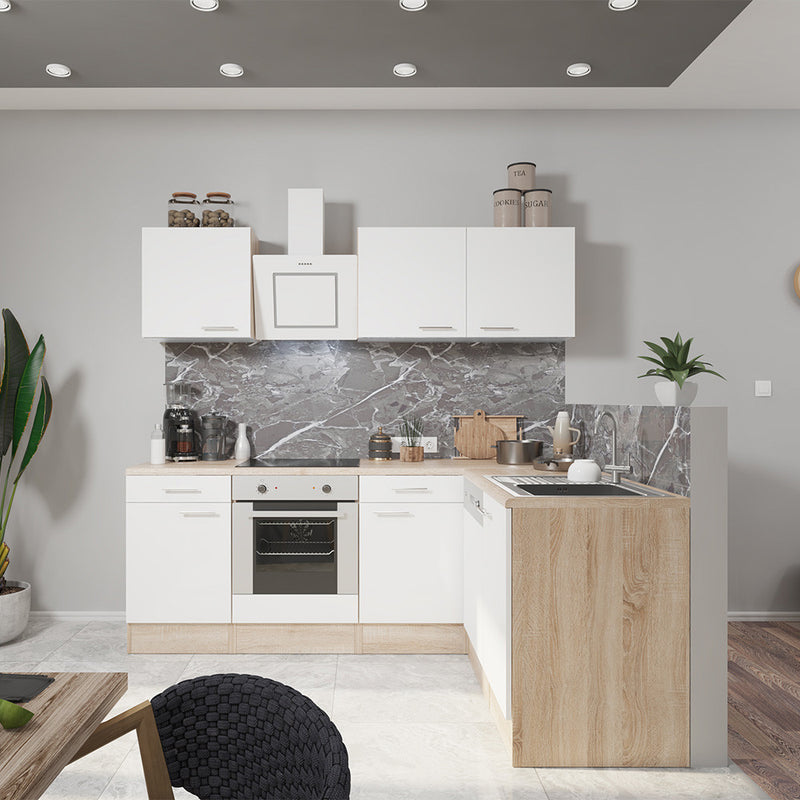 Yorki 220 sarok konyhabútor sonoma tölgy korpusz,selyemfényű fehér fronttal alsó sütős elemmel