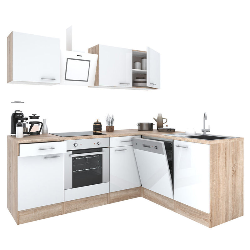 Yorki 220 sarok konyhabútor sonoma tölgy korpusz,selyemfényű fehér fronttal alsó sütős elemmel