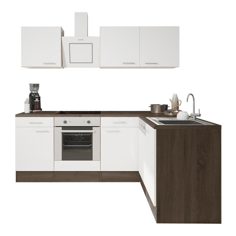 Yorki 220 sarok konyhabútor yorki tölgy korpusz,selyemfényű fehér fronttal alsó sütős elemmel