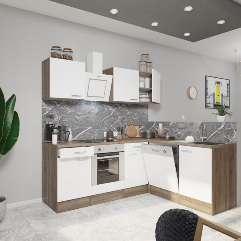 Yorki 220 sarok konyhabútor yorki tölgy korpusz,selyemfényű fehér fronttal alsó sütős elemmel