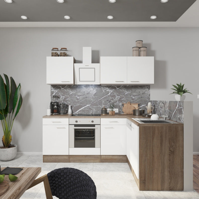 Yorki 220 sarok konyhabútor yorki tölgy korpusz,selyemfényű fehér fronttal alsó sütős elemmel