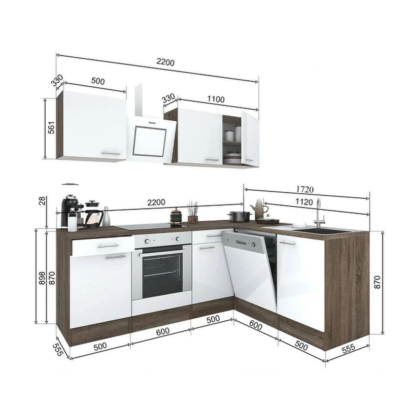 Yorki 220 sarok konyhabútor yorki tölgy korpusz,selyemfényű fehér fronttal alsó sütős elemmel