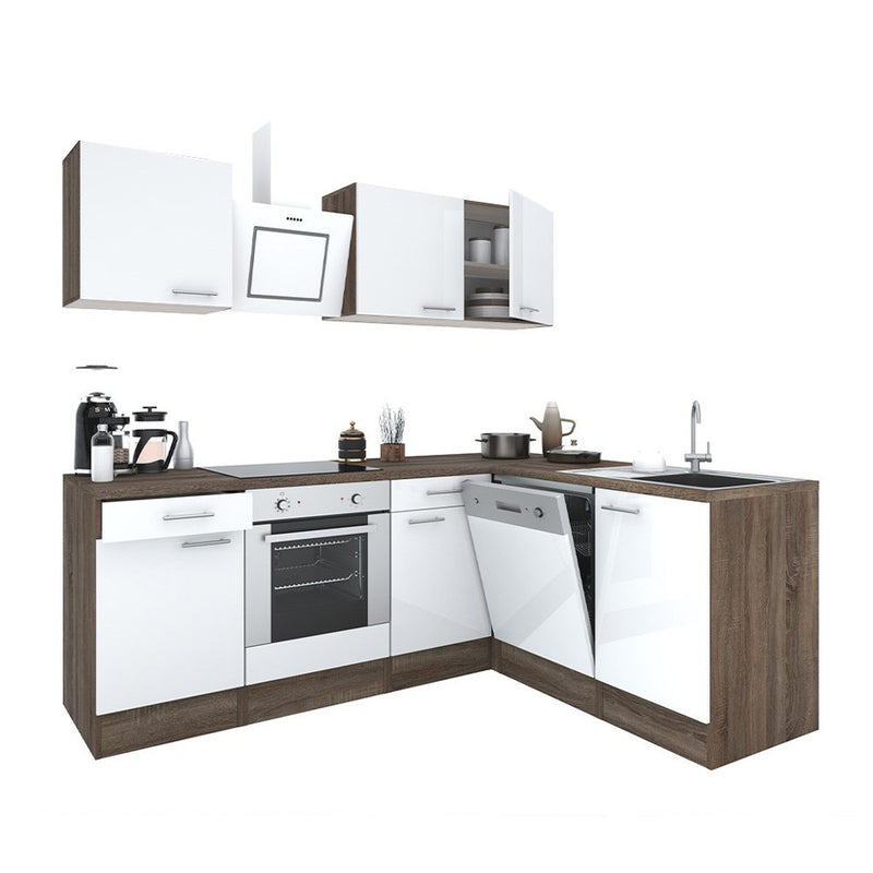 Yorki 220 sarok konyhabútor yorki tölgy korpusz,selyemfényű fehér fronttal alsó sütős elemmel