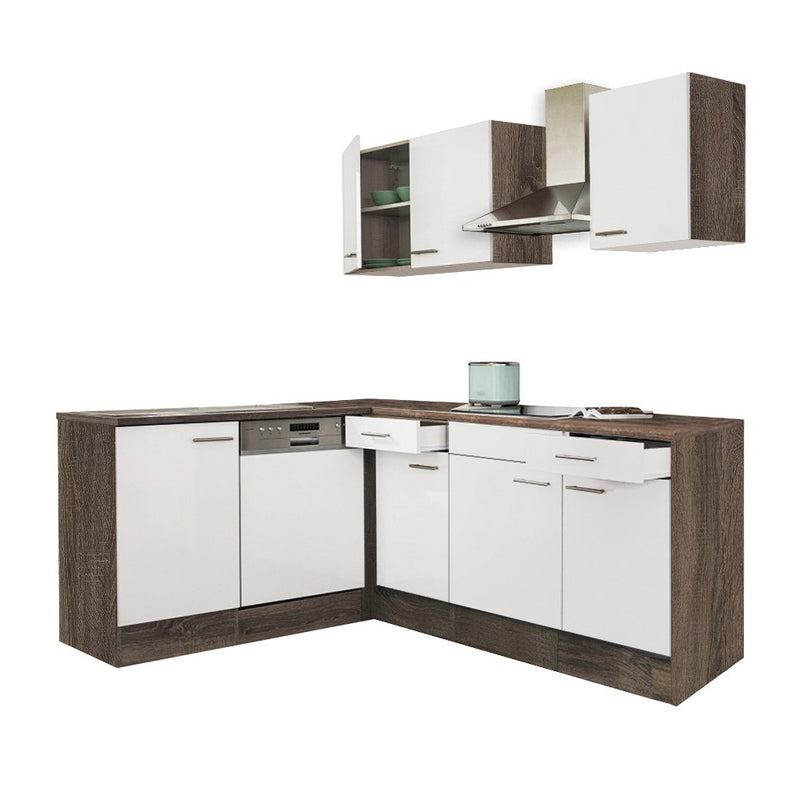 Yorki 220 sarok konyhabútor yorki tölgy korpusz,selyemfényű fehér fronttal