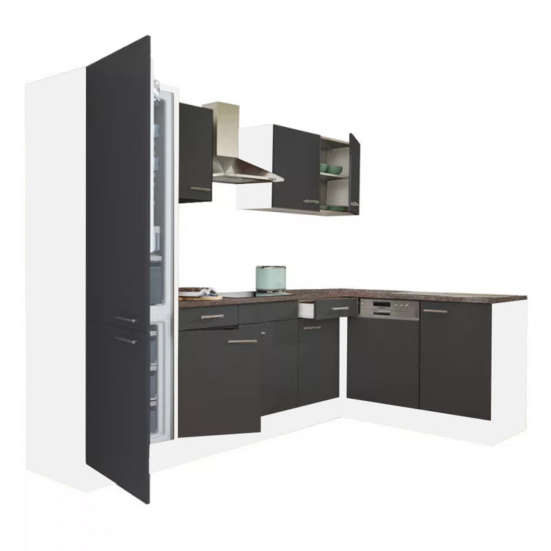 Yorki 280 sarok konyhabútor fehér korpusz,selyemfényű antracit fronttal alulagyasztós hűtős szekrénnyel