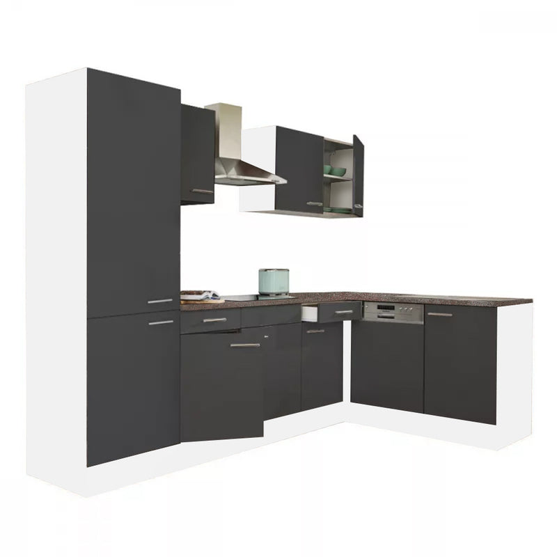 Yorki 280 sarok konyhabútor fehér korpusz,selyemfényű antracit fronttal polcos szekrénnyel