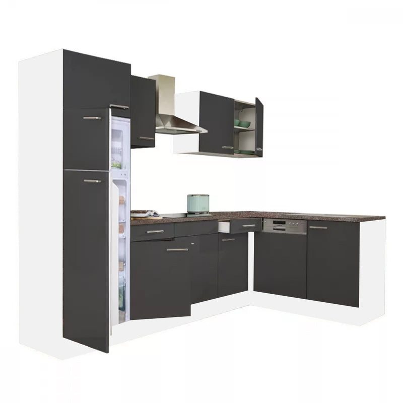 Yorki 280 sarok konyhabútor fehér korpusz,selyemfényű antracit front alsó sütős elemmel felülfagyasztós hűtős szekrénnyel