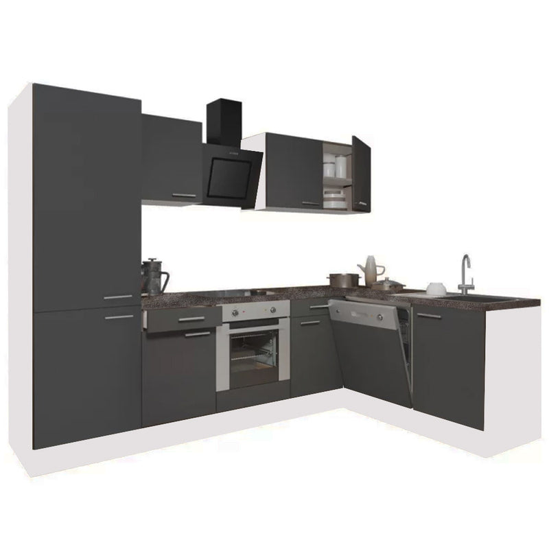 Yorki 280 sarok konyhabútor fehér korpusz,selyemfényű antracit front alsó sütős elemmel polcos szekrénnyel