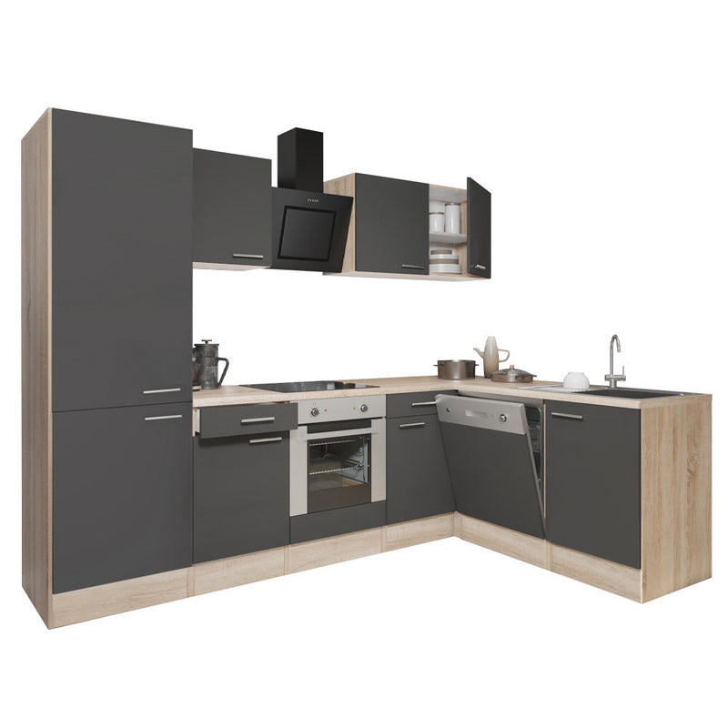 Yorki 280 sarok konyhabútor sonoma tölgy korpusz,selyemfényű antracit front alsó sütős elemmel polcos szekrénnyel