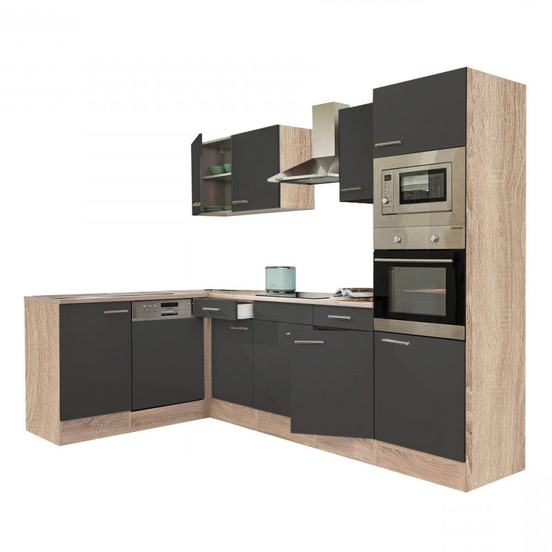 Yorki 280 sarok konyhabútor sonoma tölgy korpusz,selyemfényű antracit fronttal alulagyasztós hűtős szekrénnyel