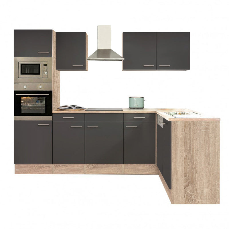 Yorki 280 sarok konyhabútor sonoma tölgy korpusz,selyemfényű antracit fronttal alulagyasztós hűtős szekrénnyel