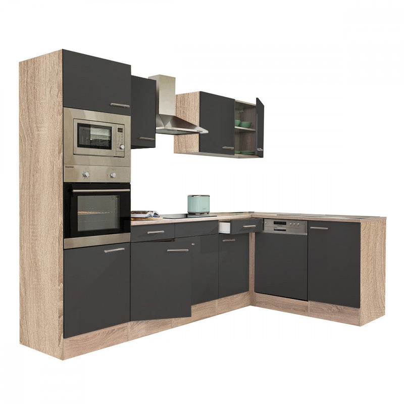 Yorki 280 sarok konyhabútor sonoma tölgy korpusz,selyemfényű antracit fronttal alulagyasztós hűtős szekrénnyel