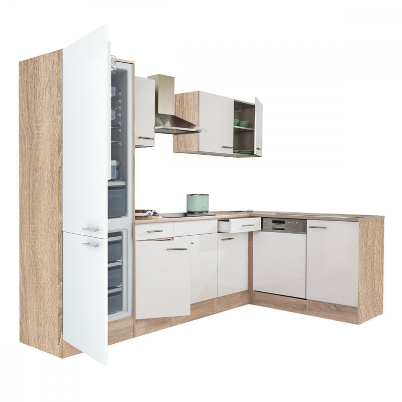 Yorki 280 sarok konyhabútor sonoma tölgy korpusz,selyemfényű fehér fronttal alulagyasztós hűtős szekrénnyel