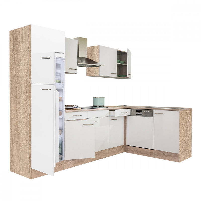 Yorki 280 sarok konyhabútor sonoma tölgy korpusz,selyemfényű fehér fronttal felülfagyasztós hűtős szekrénnyel