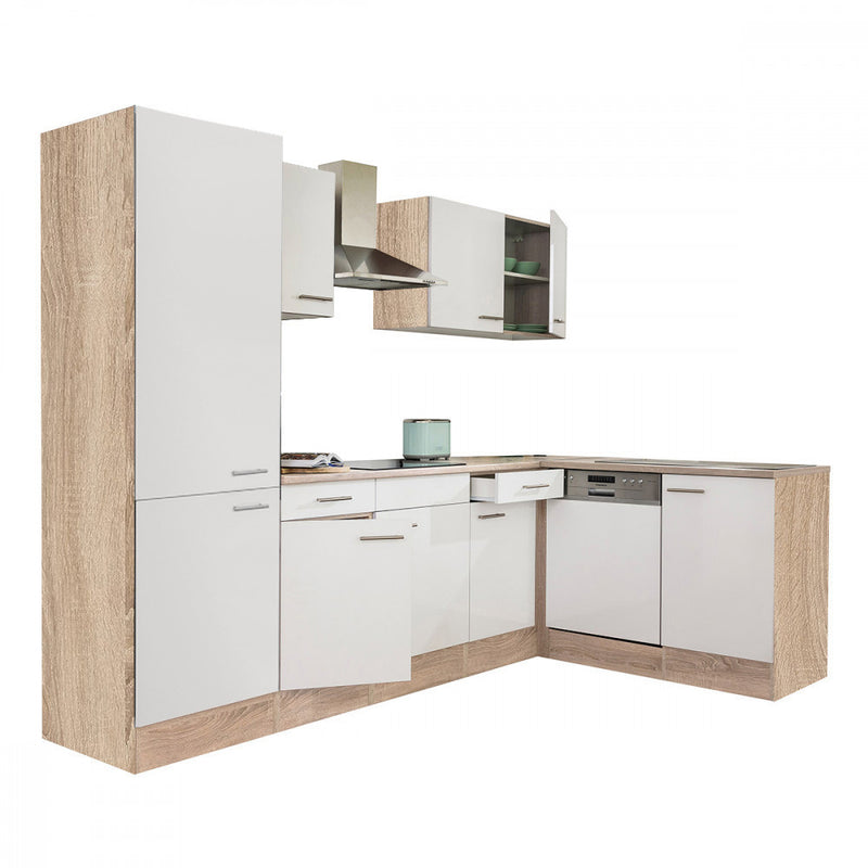 Yorki 280 sarok konyhabútor sonoma tölgy korpusz,selyemfényű fehér fronttal polcos szekrénnyel