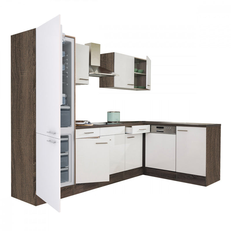 Yorki 280 sarok konyhabútor yorki tölgy korpusz,selyemfényű fehér fronttal alulagyasztós hűtős szekrénnyel