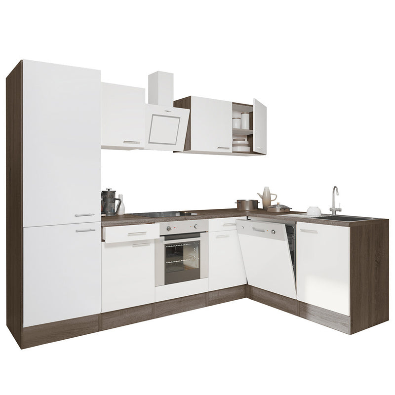 Yorki 280 sarok konyhabútor yorki tölgy korpusz,selyemfényű fehér front alsó sütős elemmel polcos szekrénnyel