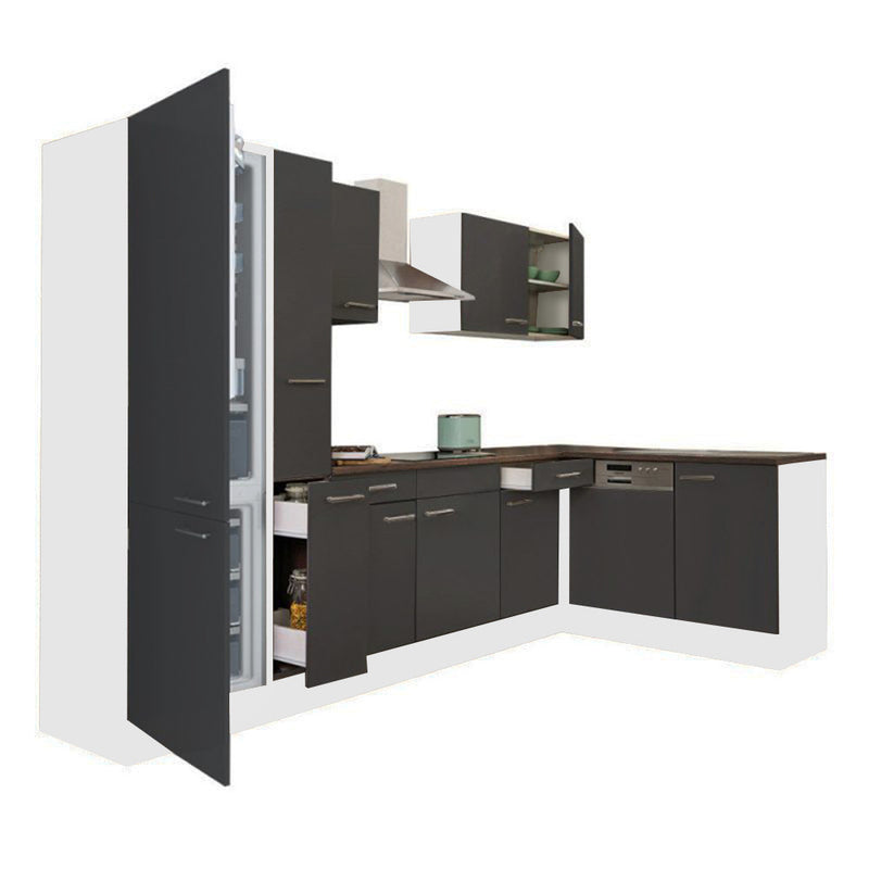 Yorki 310 sarok konyhabútor fehér korpusz,selyemfényű antracit fronttal alulagyasztós hűtős szekrénnyel