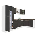 Yorki 310 sarok konyhabútor fehér korpusz,selyemfényű antracit fronttal felülfagyasztós hűtős szekrénnyel