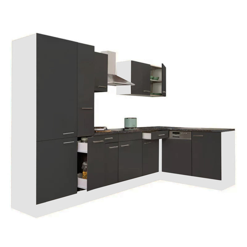 Yorki 310 sarok konyhabútor fehér korpusz,selyemfényű antracit fronttal polcos szekrénnyel