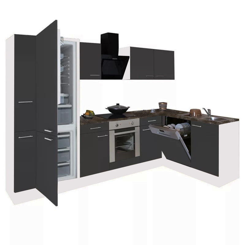 Yorki 310 sarok konyhabútor fehér korpusz,selyemfényű antracit front alsó sütős elemmel alulagyasztós hűtős szekrénnyel