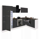 Yorki 310sarok konyhabútor fehér korpusz,selyemfényű antracit front alsó sütős elemmel felülfagyasztós hűtős szekrénnyel