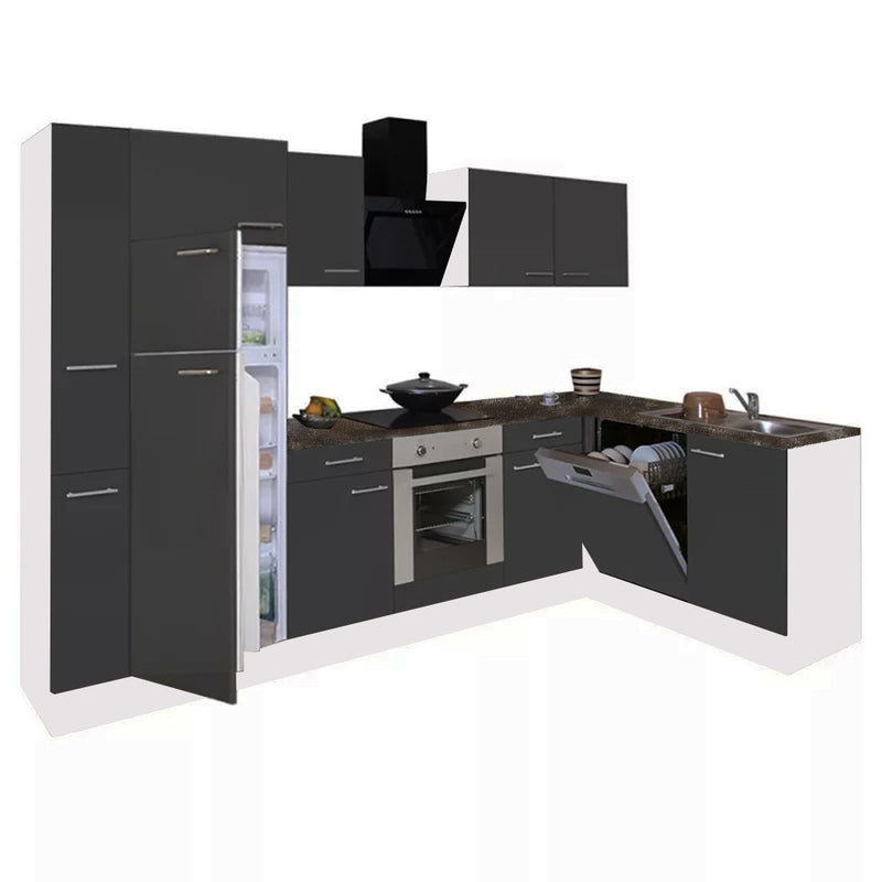 Yorki 310sarok konyhabútor fehér korpusz,selyemfényű antracit front alsó sütős elemmel felülfagyasztós hűtős szekrénnyel
