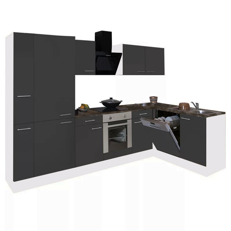 Yorki 310 sarok konyhabútor fehér korpusz,selyemfényű antracit front alsó sütős elemmel polcos szekrénnyel