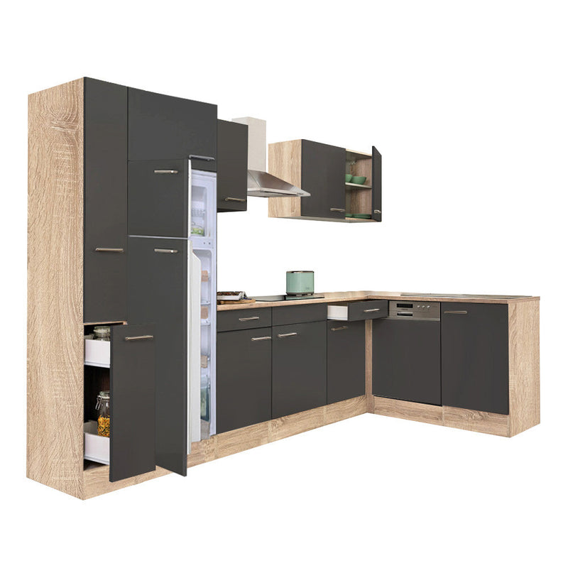 Yorki 310 sarok konyhabútor sonoma tölgy korpusz,selyemfényű antracit fronttal felülfagyasztós hűtős szekrénnyel