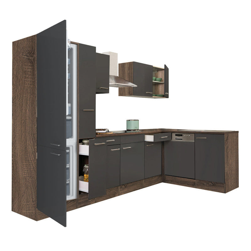 Yorki 310 sarok konyhabútor yorki tölgy korpusz,selyemfényű antracit fronttal alulagyasztós hűtős szekrénnyel