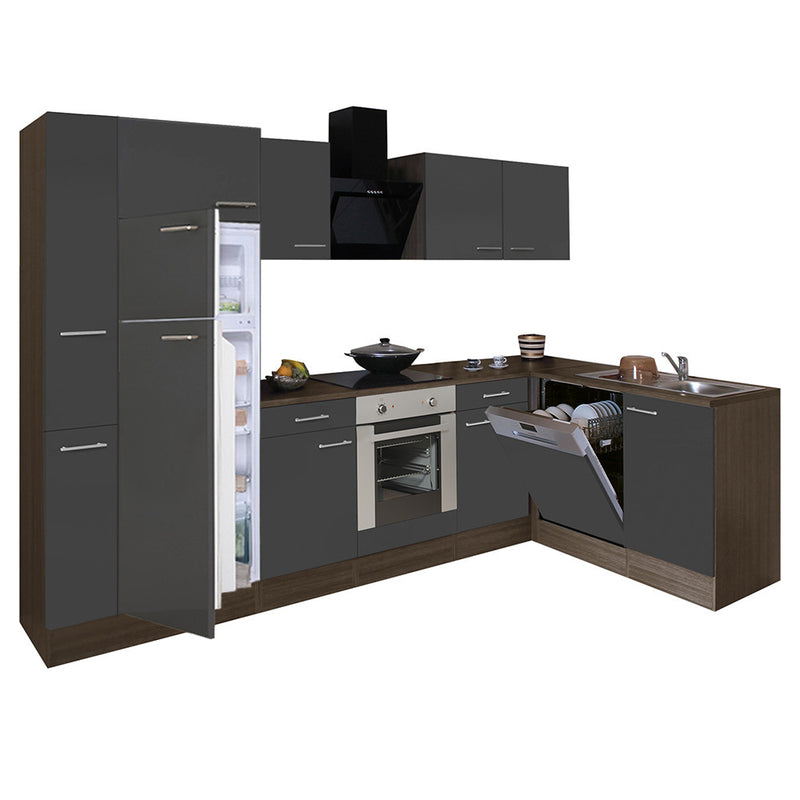 Yorki 310sarok konyhabútor yorki tölgy korpusz,selyemfényű antracit front alsó sütős elemmel felülfagyasztós hűtős szekrénnyel