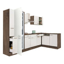 Yorki 310 sarok konyhabútor yorki tölgy korpusz,selyemfényű fehér fronttal alulagyasztós hűtős szekrénnyel