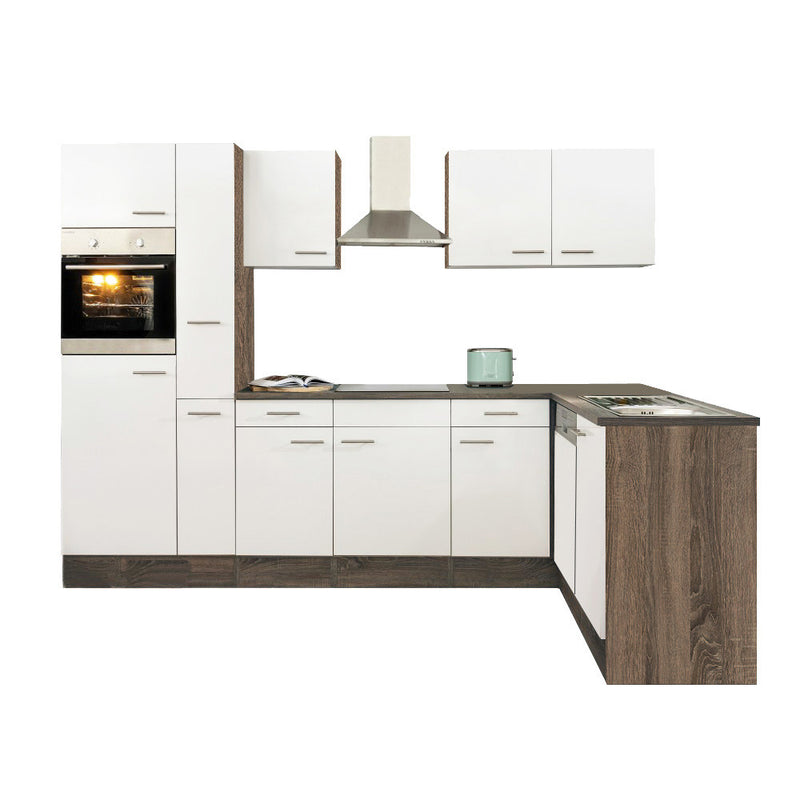 Yorki 310 sarok konyhabútor yorki tölgy korpusz,selyemfényű fehér fronttal