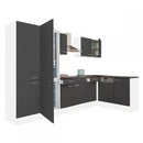 Yorki 340 sarok konyhabútor fehér korpusz,selyemfényű antracit fronttal polcos szekrénnyel és alulfagyasztós hűtős szekrénnyel