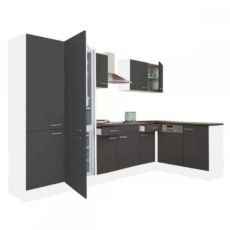 Yorki 340 sarok konyhabútor fehér korpusz,selyemfényű antracit fronttal polcos szekrénnyel és alulfagyasztós hűtős szekrénnyel