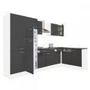 Yorki 340 sarok konyhabútor fehér korpusz,selyemfényű antracit fronttal polcos szekrénnyel és felülfagyasztós hűtős szekrénnyel