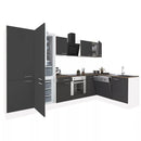 Yorki 340 sarok konyhabútor fehér korpusz,selyemfényű antracit front alsó sütős elemmel polcos szekrénnyel, alulfagyasztós hűtős szekrénnyel