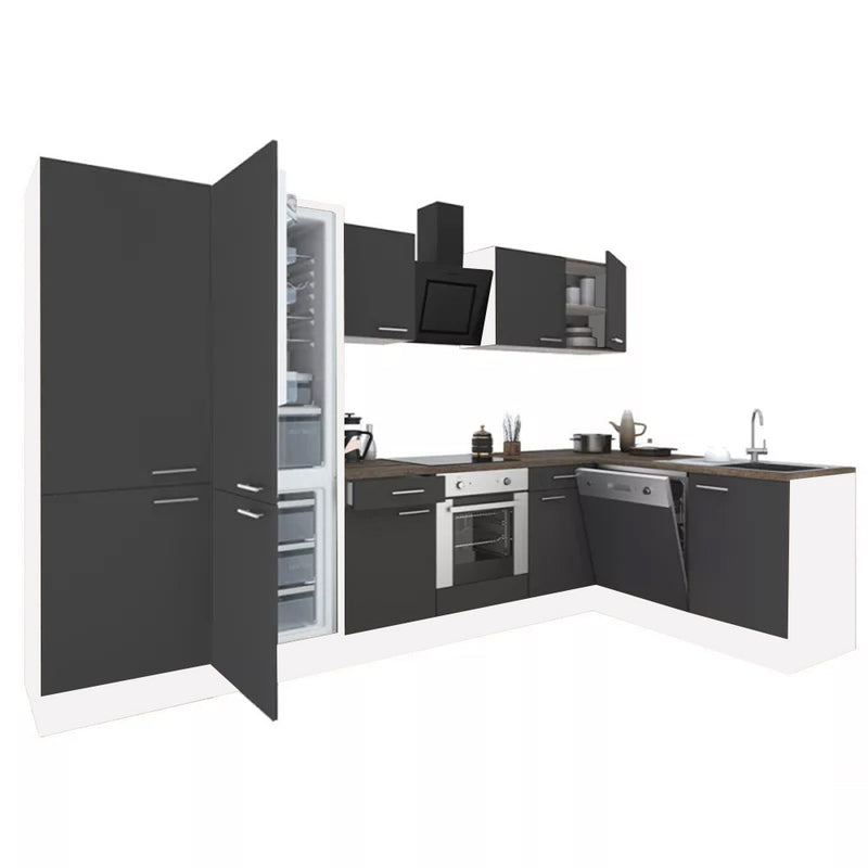Yorki 340 sarok konyhabútor fehér korpusz,selyemfényű antracit front alsó sütős elemmel polcos szekrénnyel, alulfagyasztós hűtős szekrénnyel