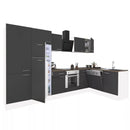 Yorki 340 sarok konyhabútor fehér korpusz,selyemfényű antracit front alsó sütős elemmel polcos szekrénnyel, felülfagyasztós hűtős szekrénnyel