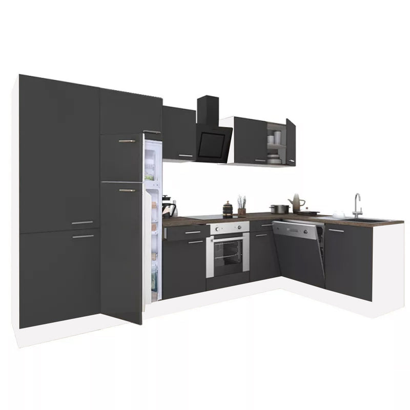 Yorki 340 sarok konyhabútor fehér korpusz,selyemfényű antracit front alsó sütős elemmel polcos szekrénnyel, felülfagyasztós hűtős szekrénnyel